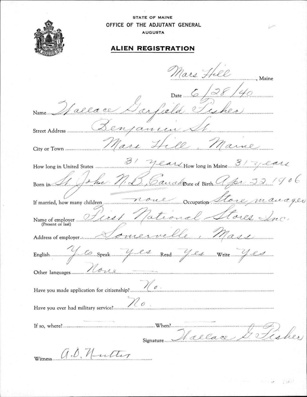 Miniature of Alien Registration- Fisher, Wallace G. (Mars Hill, Aroostook County)