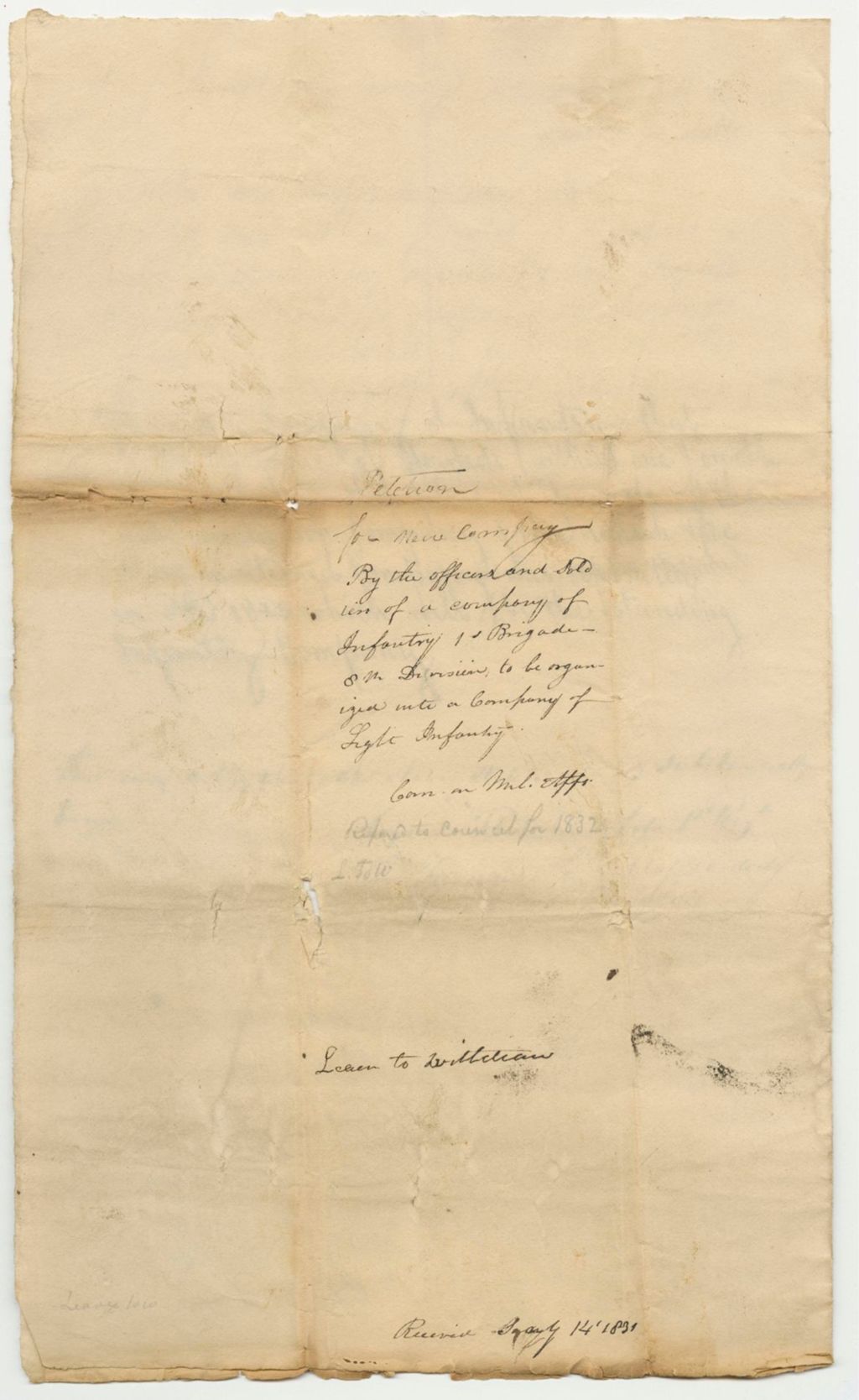 Miniature of Petition of the Officers and Soldiers of a Company of Infantry in the 1st Brigade 8th Division, to be Organized Into a New Company of Light Infantry