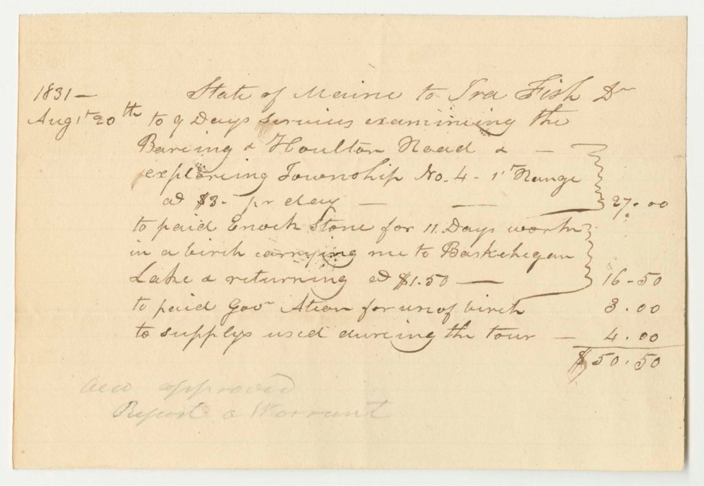Miniature of Account of Ira Fish, for Work on the Baring to Houlton Road