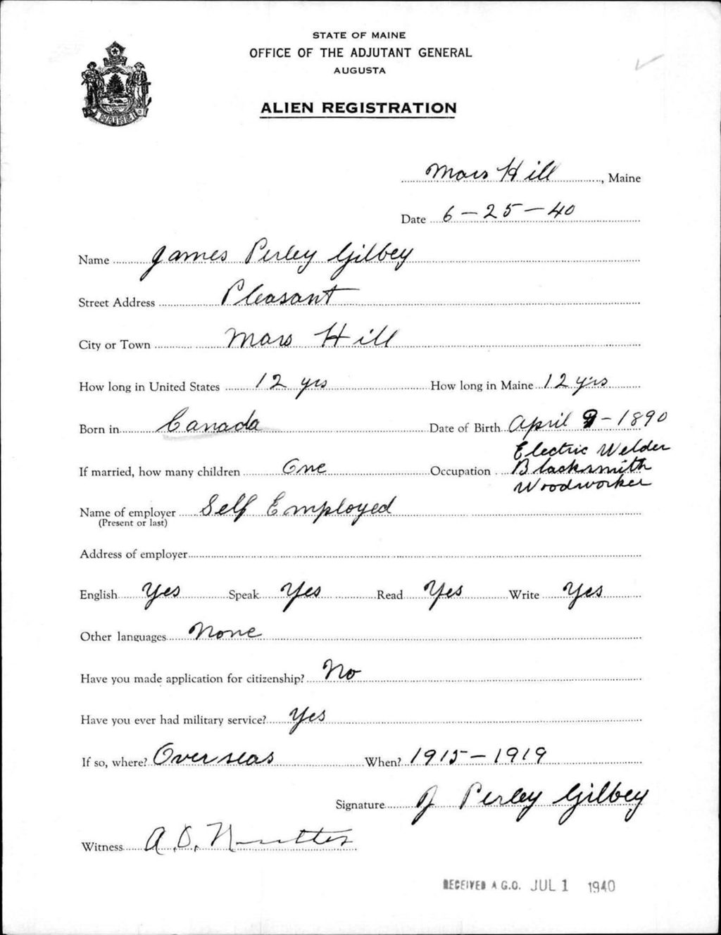 Miniature of Alien Registration- Gilbey, James P. (Mars Hill, Aroostook County)