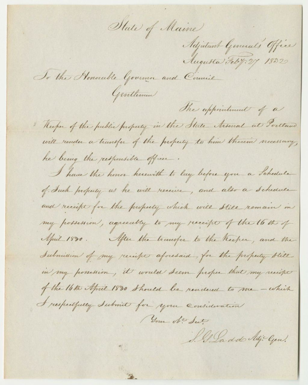 Miniature of Communication from S.G. Ladd, Relating to the Schedule of Property at the State Arsenal