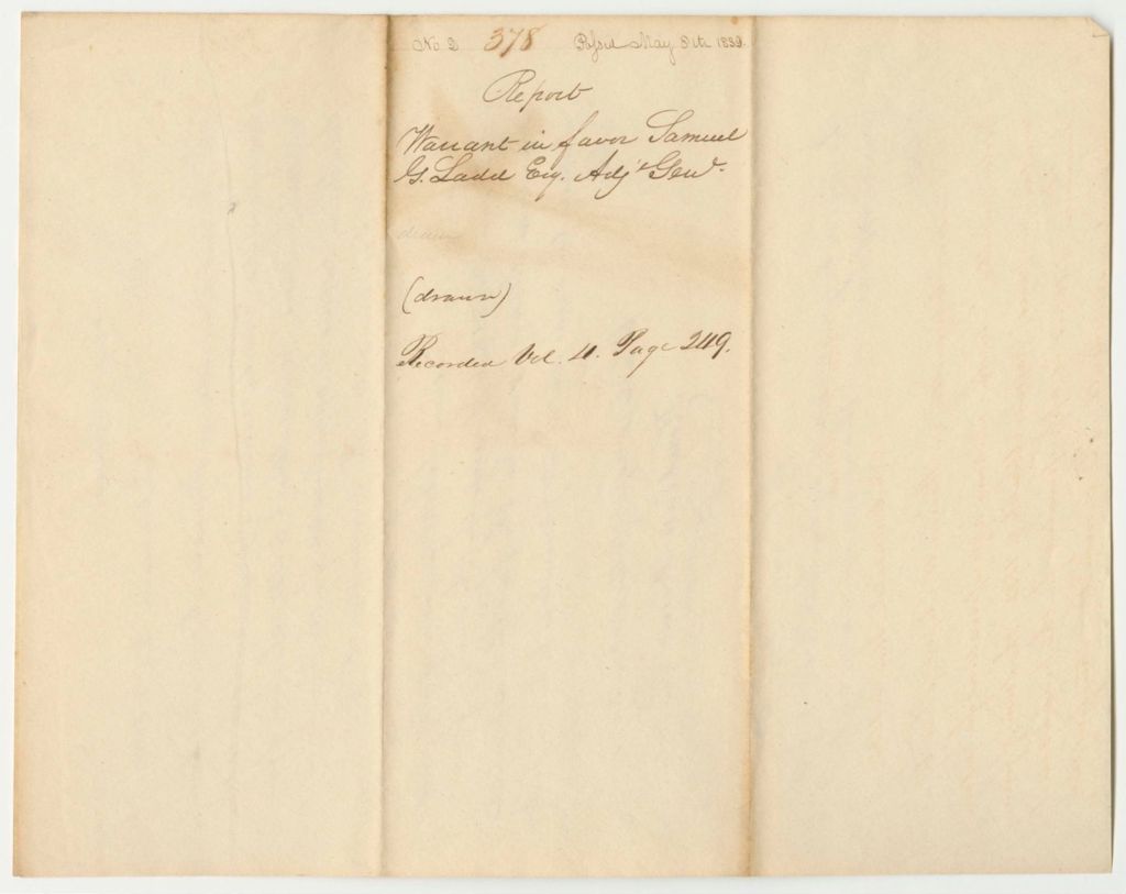 Miniature of Report 378: Warrant in Favor of Samuel G. Ladd, Adj. General