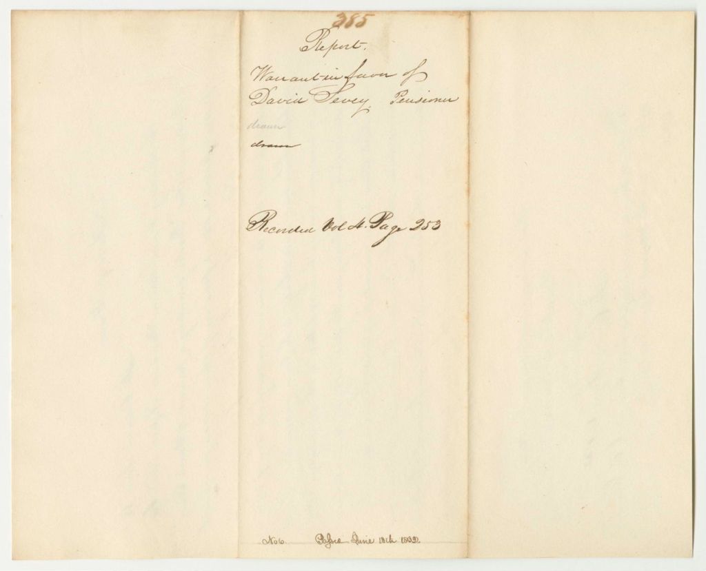 Miniature of Report 385: Warrant in Favor of David Sevey for a Pension