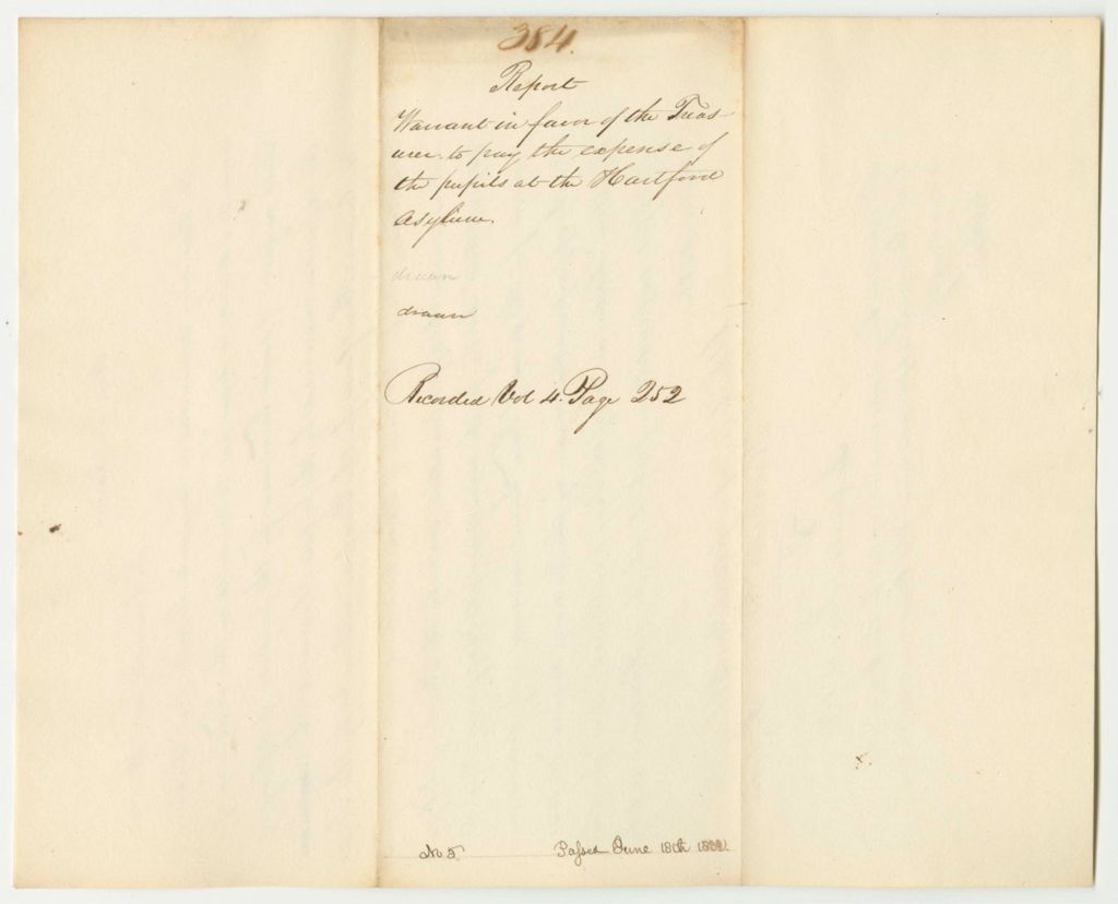 Miniature of Report 384: Warrant in Favor of the State Treasurer to Pay Expenses of Pupils at the American Asylum at Hartford