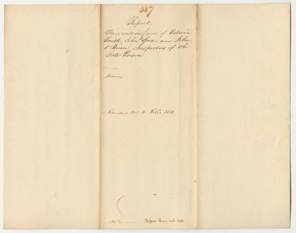 Miniature of Report 387: Warrant in Favor of Edwin Smith, John Spear, and John O'Brien, Inspectors of the State Prison