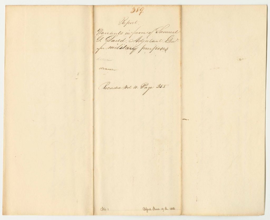 Miniature of Report 389: Warrant in Favor of Samuel G. Ladd, Adjutant General for Military Purposes
