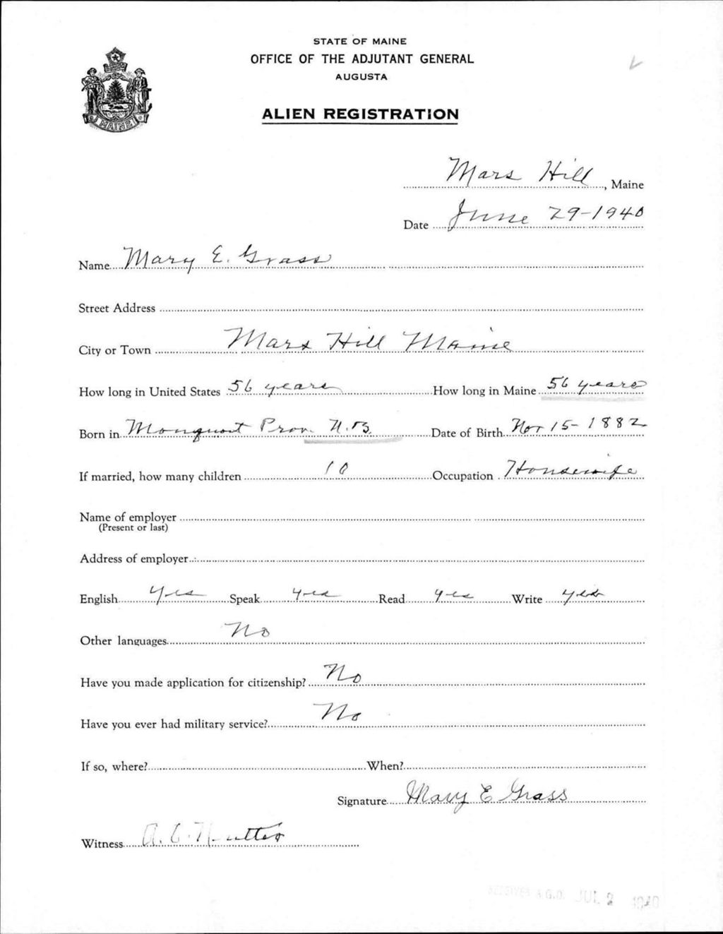 Miniature of Alien Registration- Grass, Mary E. (Mars Hill, Aroostook County)