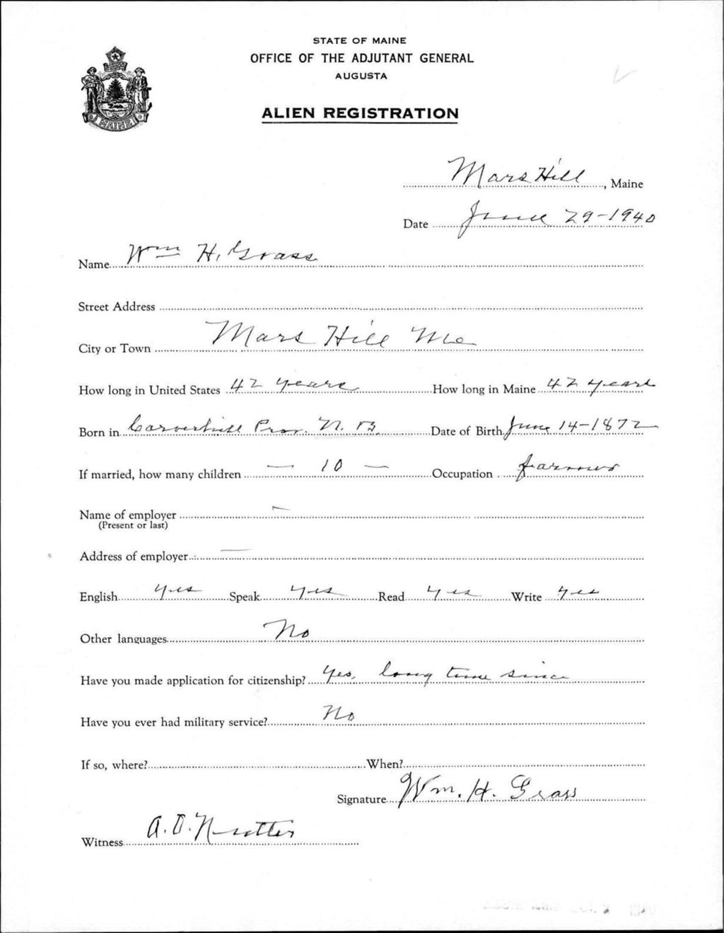 Miniature of Alien Registration- Grass, William H. (Mars Hill, Aroostook County)