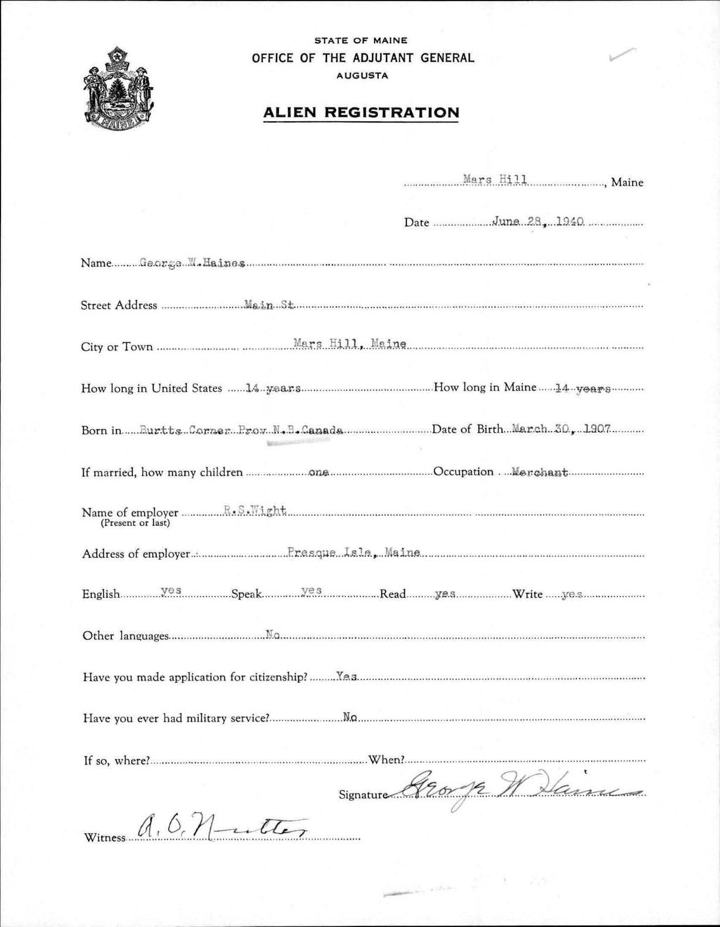 Miniature of Alien Registration- Haines, George W. (Mars Hill, Aroostook County)
