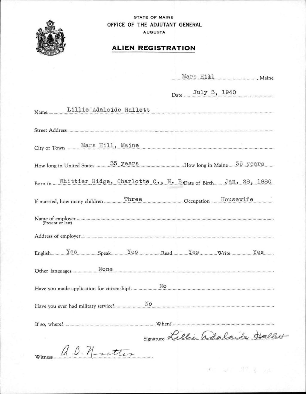 Miniature of Alien Registration- Hallett, Lillie A. (Mars Hill, Aroostook County)