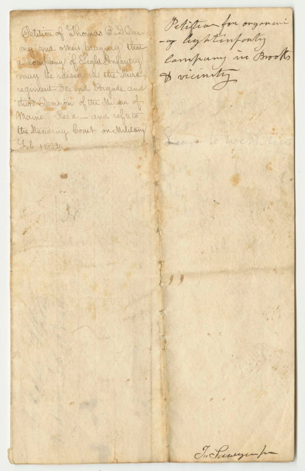 Miniature of Petition of Thomas P. S. Deering and Others, Praying That a Company of Light Infantry May Be Raised in the Third Regiment Second Brigade Third Division of the Militia of Maine