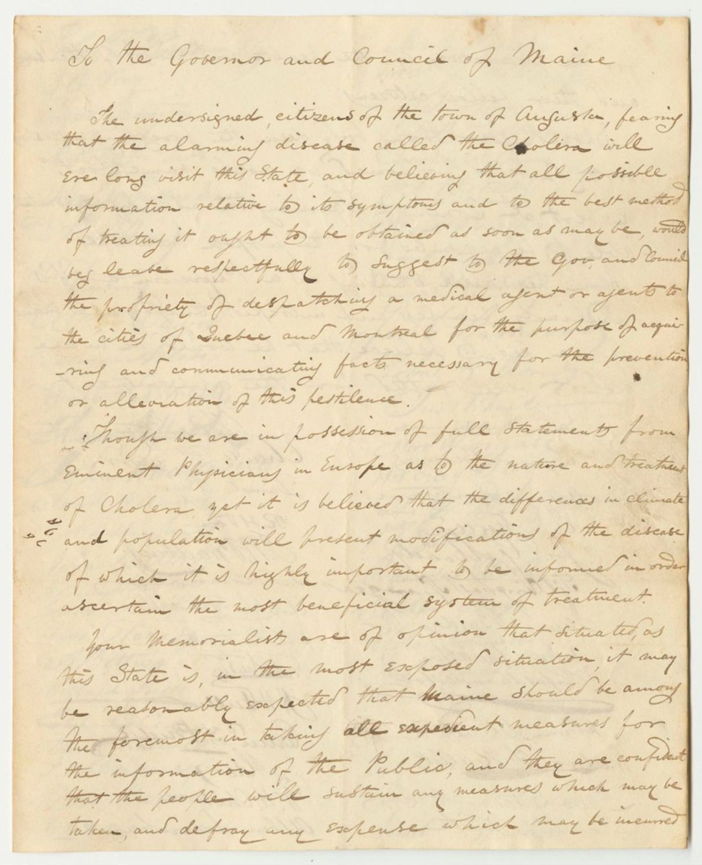 Miniature of Petition of the Inhabitants of Augusta, Relating to Preventing the Spread of Cholera on the Canada Road