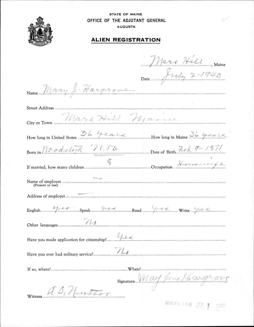 Miniature of Alien Registration- Hargrove, Mary J. (Mars Hill, Aroostook County)