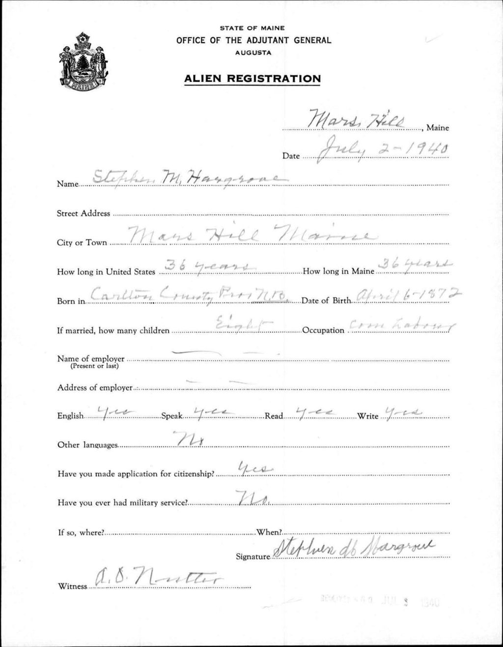 Miniature of Alien Registration- Hargrove, Stephen M. (Mars Hill, Aroostook County)