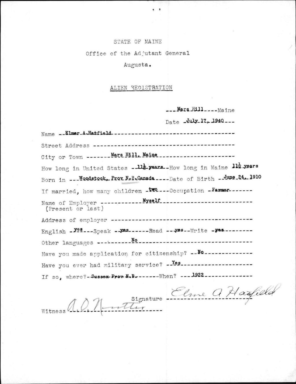 Miniature of Alien Registration- Hatfield, Elmer A. (Mars Hill, Aroostook County)