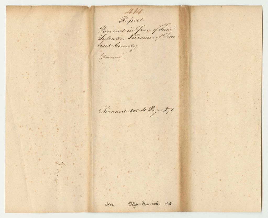 Miniature of Report 414: Warrant in Favor of Samuel Sylvester, Somerset County Treasurer