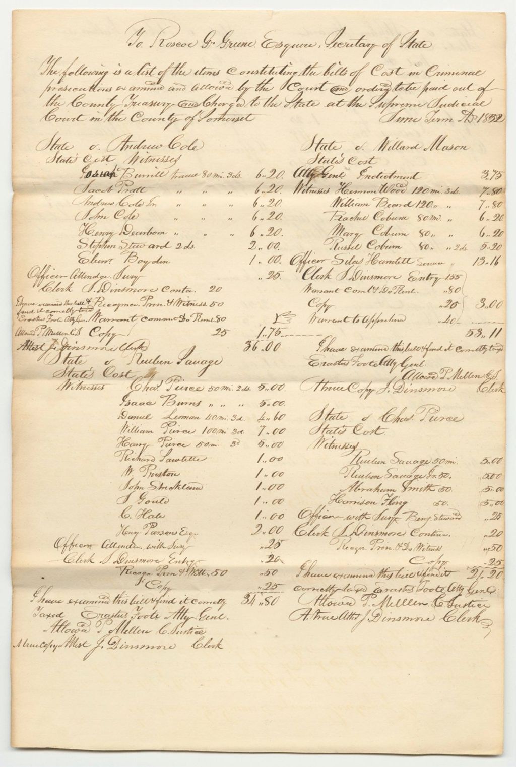 Miniature of Bills of Costs in Criminal Prosecution Examined and Allowed by the Court and Ordered To Be Paid Out of the Court Treasury and Charged to the State at the Supreme Judicial Court in the County of Somerset, June Term 1832