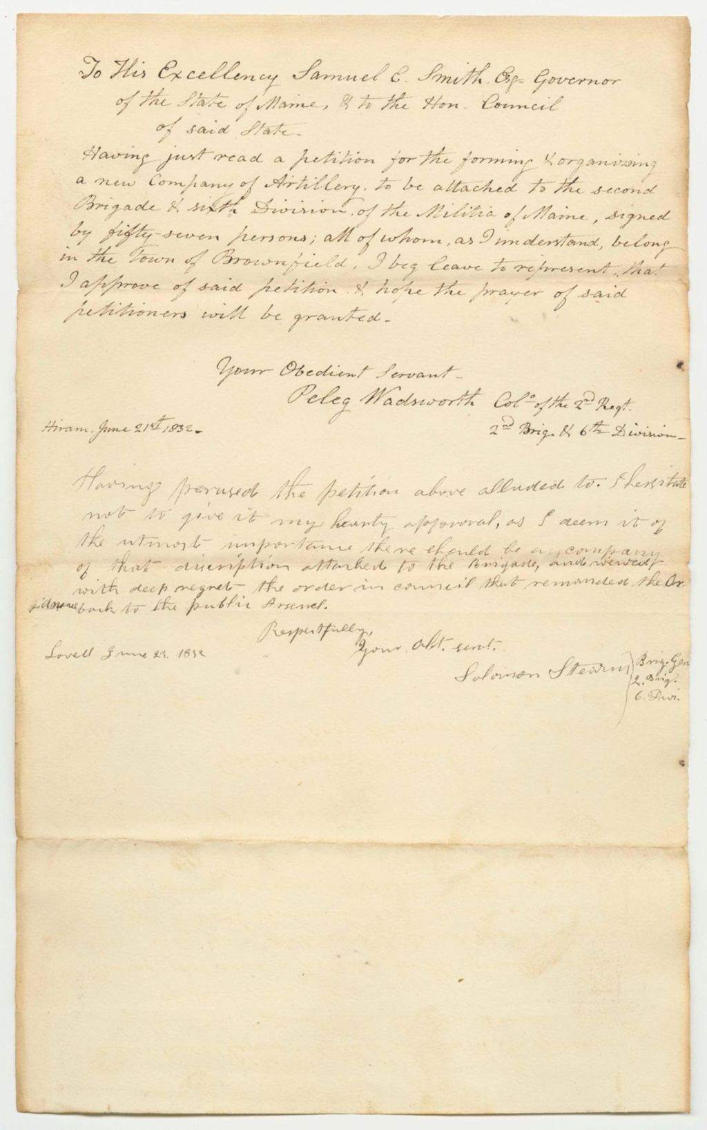 Miniature of Opinions of Peleg Wadsworth and Solomon Stearm, of the Second Brigade Sixth Division, on the Petition for the Organization of a Company of Artillery in Brownsfield