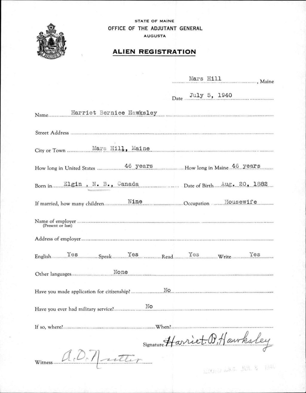 Miniature of Alien Registration- Hawksley, Harriet B. (Mars Hill, Aroostook County)