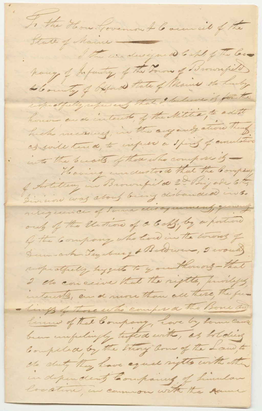 Miniature of Communication from Hosea Moulton, Captain of the Company of Infantry in Brownfield, in Favor of the Request for a Company of Artillery in Brownfield
