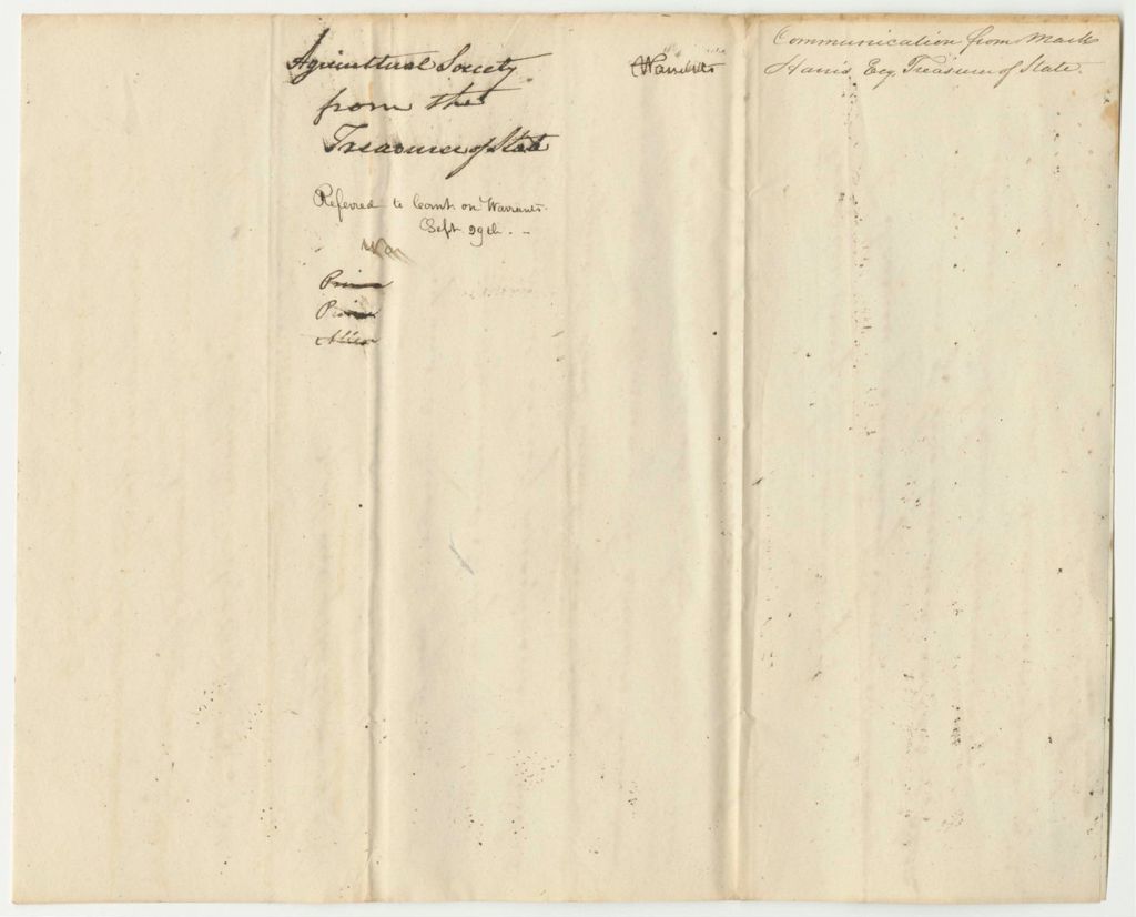 Miniature of Communication from Mark Harris, Treasurer of State, in Relation to Agricultural Societies and Argicultural and Horticultural Societies