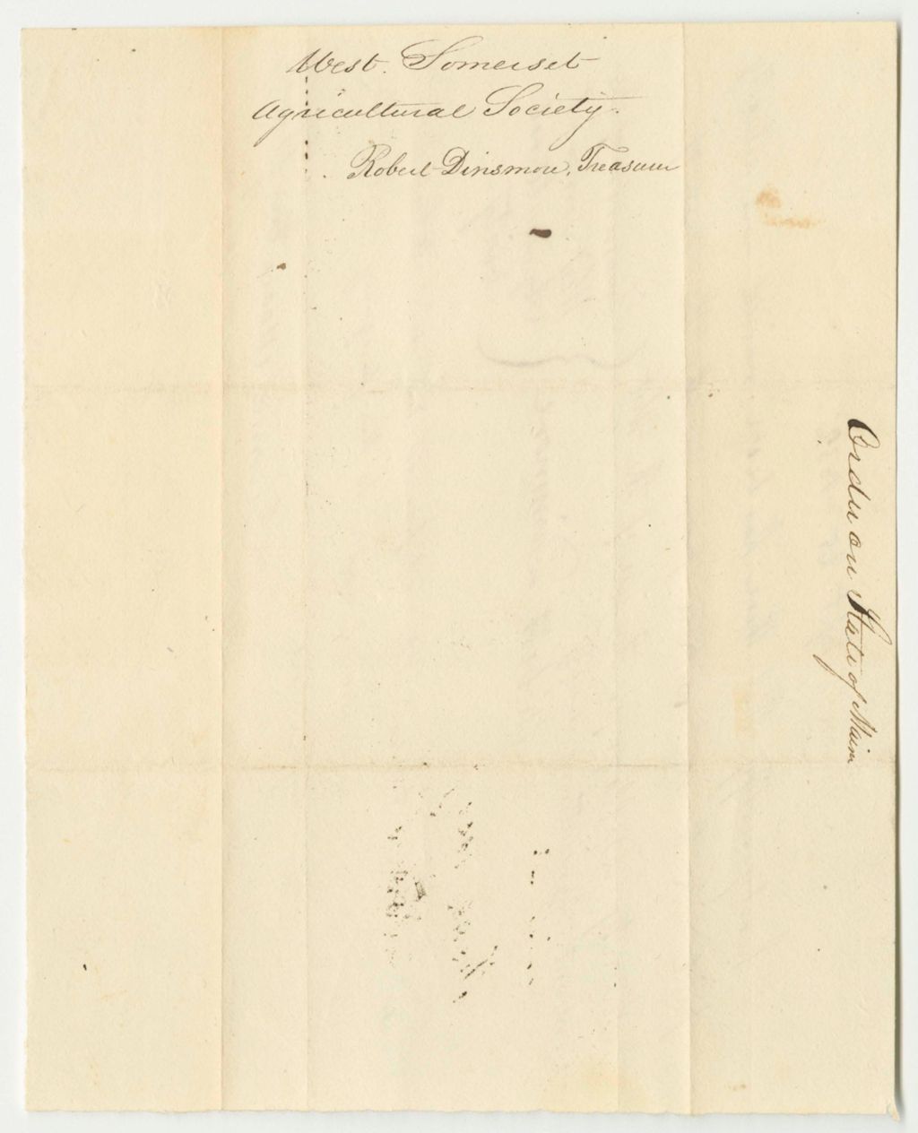 Miniature of Certificate of Robert Dinsmore, Treasurer of the West Somerset Agricultural Society, of Money Raised by Said Society