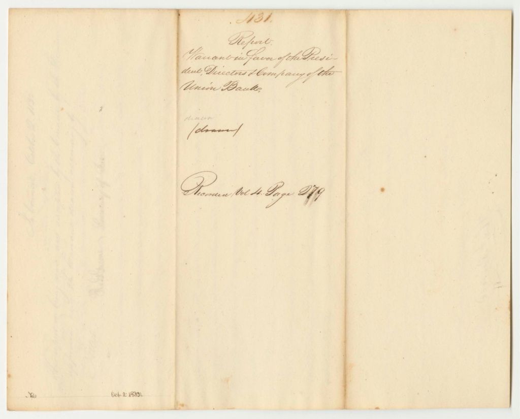 Miniature of Report 431: Warrant in Favor of the President, Directors, and Company of the Union Bank