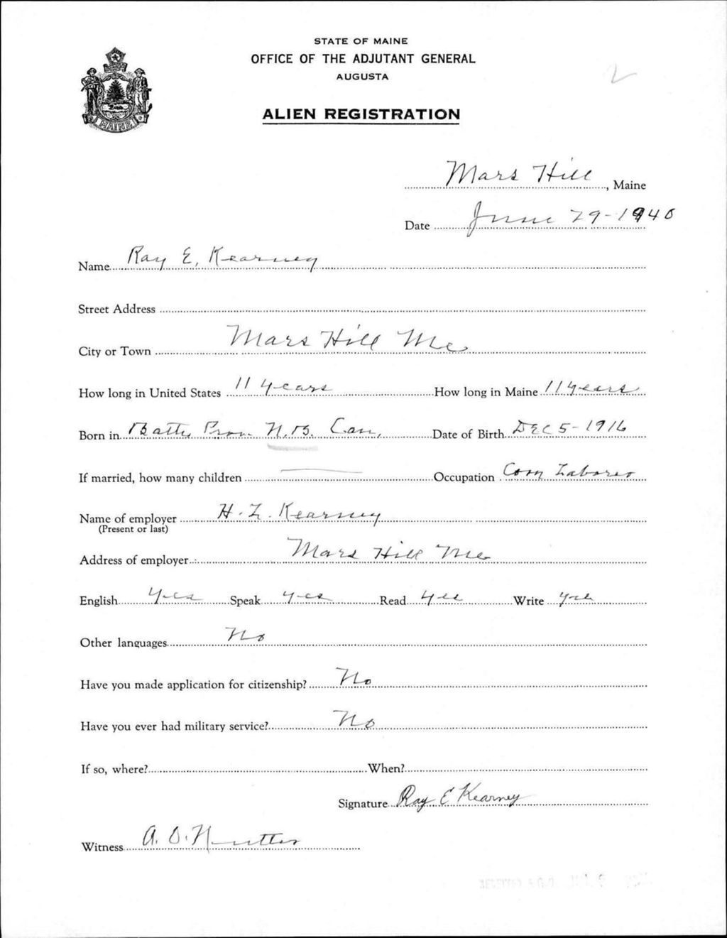 Miniature of Alien Registration- Kearney, Ray E. (Mars Hill, Aroostook County)