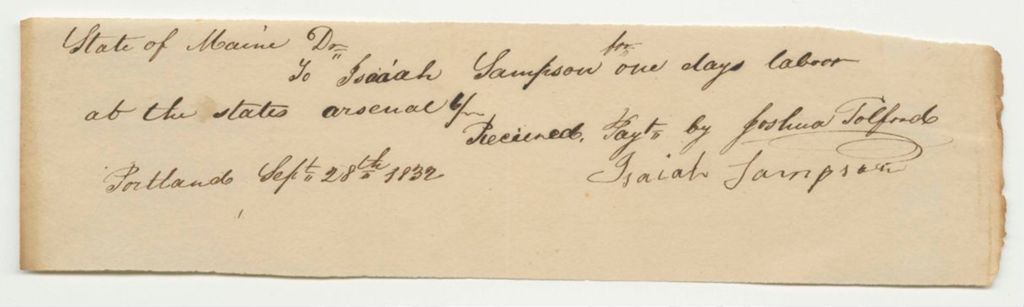 Miniature of Isaiah Sampson's Bill for Labor at the State Arsenal