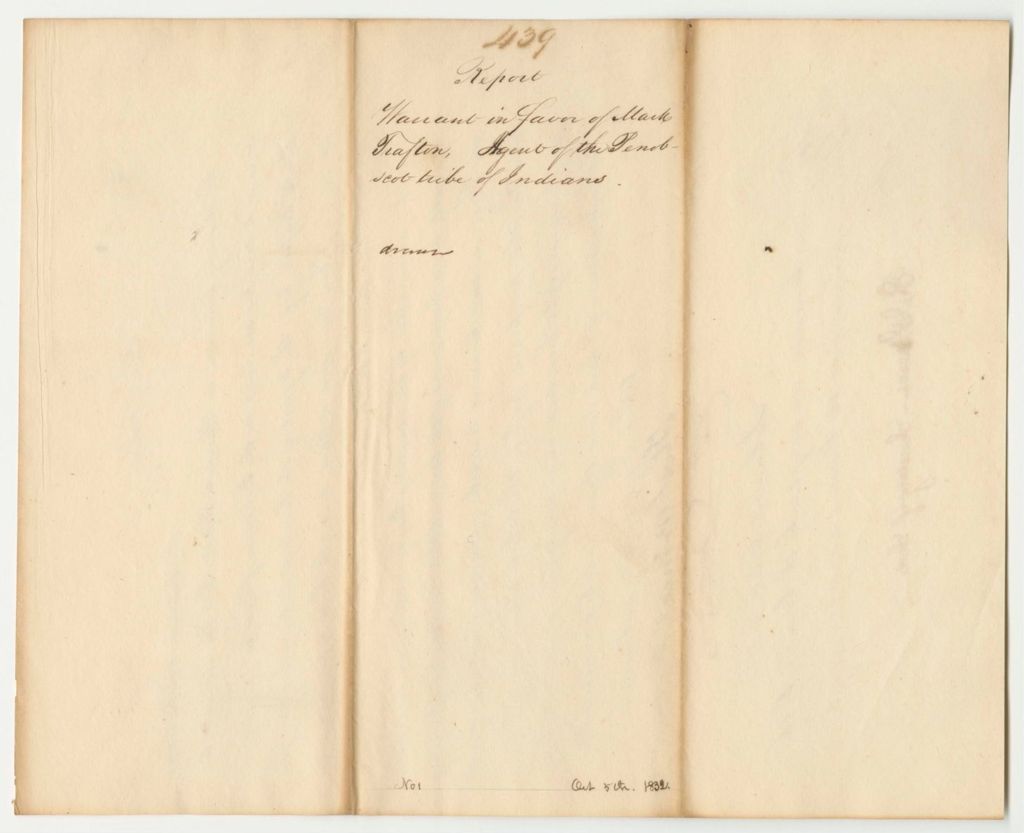 Miniature of Report 439: Warrant in Favor of Mark Trafton, Agent of the Penobscot Tribe of Indians