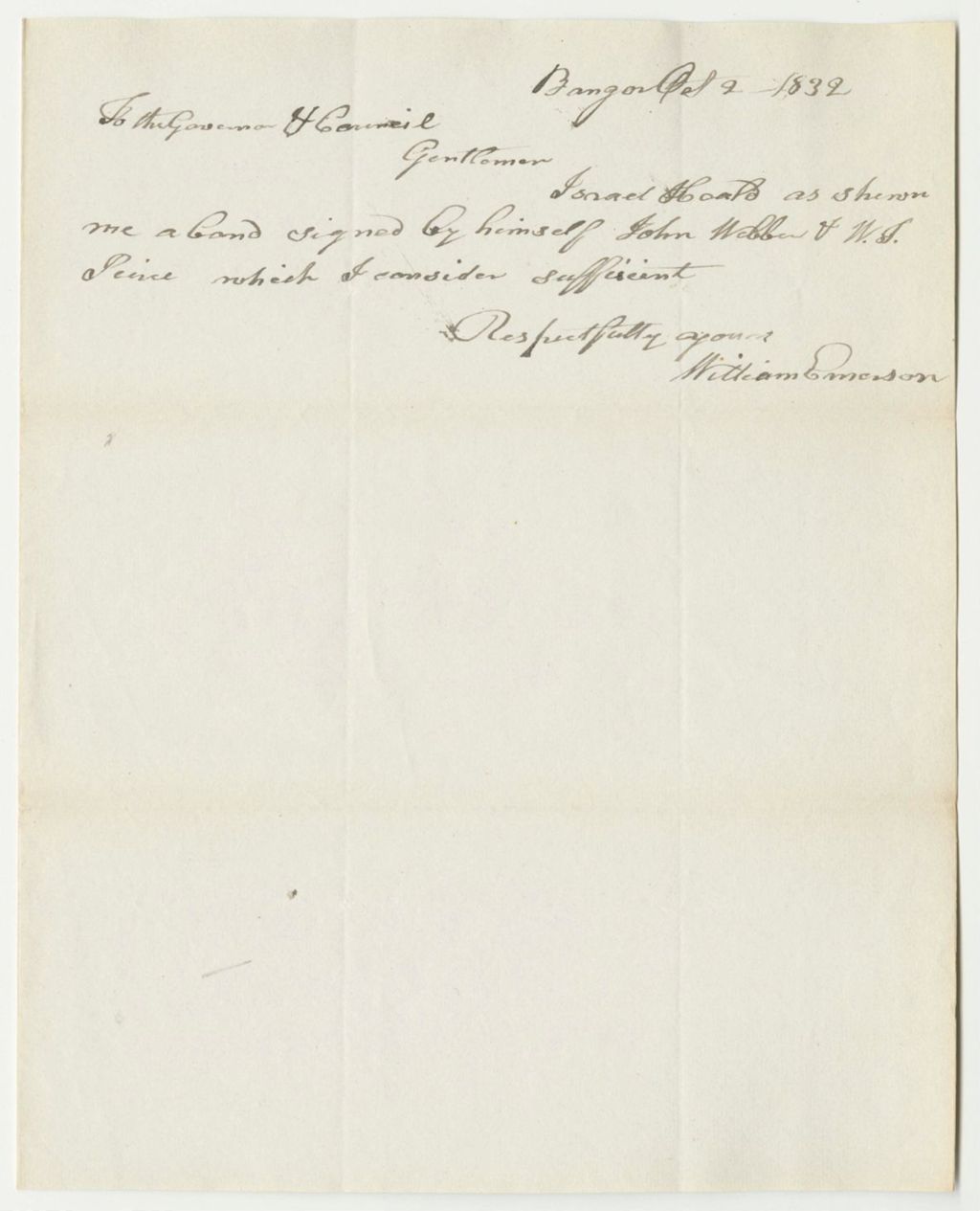 Miniature of Communication from William Emerson, in Relation to to the Bond of Israel Heald, Agent of the Baring and Houlton Road