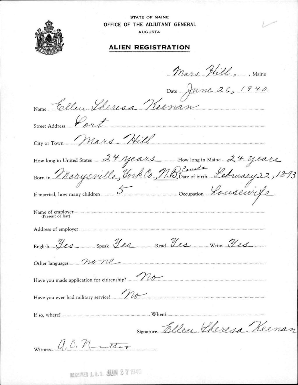 Miniature of Alien Registration- Keenan, Ellen T. (Mars Hill, Aroostook County)