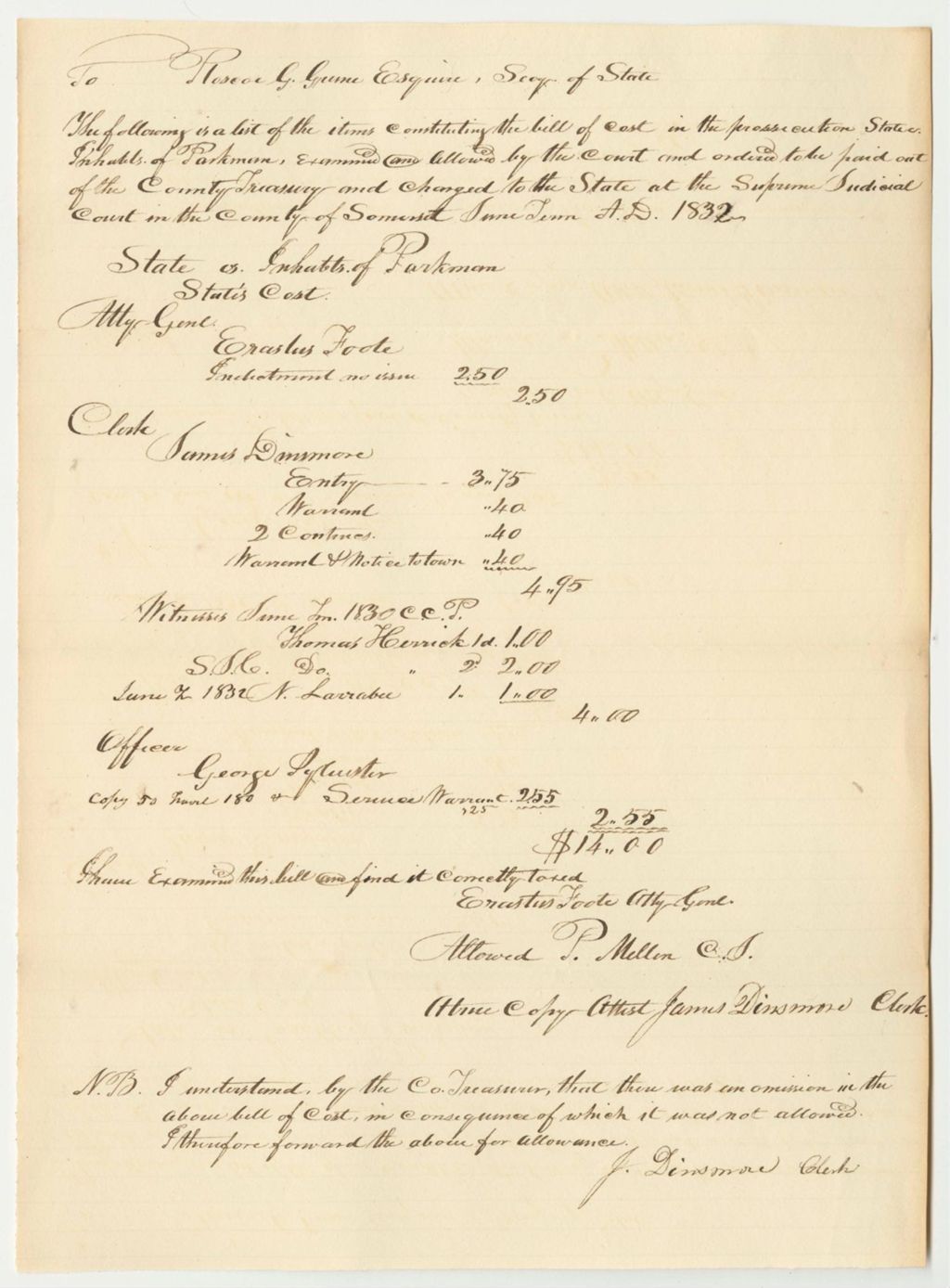 Miniature of Items Constituting Bills of Costs in Criminal Prosecutions, Examined and Allowed by the Court and Ordered To Be Paid Out of the County Treasury and Charged to the State at the Supreme Judicial Court in the County of Somerset, June Term 1832