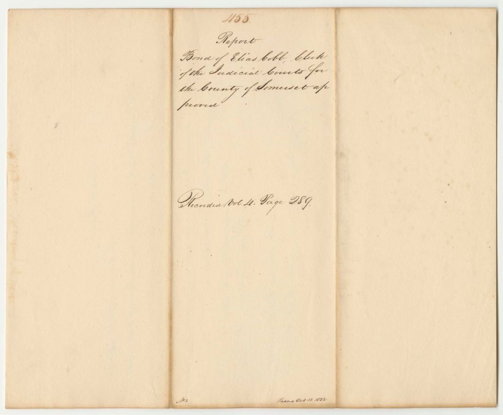 Miniature of Report 455: Report on the Bond of Elias Cobb, Clerk of the Judicial Courts for the County of Somerset