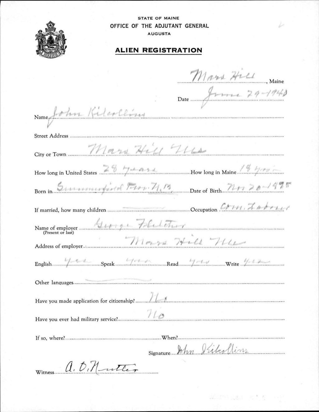 Miniature of Alien Registration- Kilcollins, John (Mars Hill, Aroostook County)