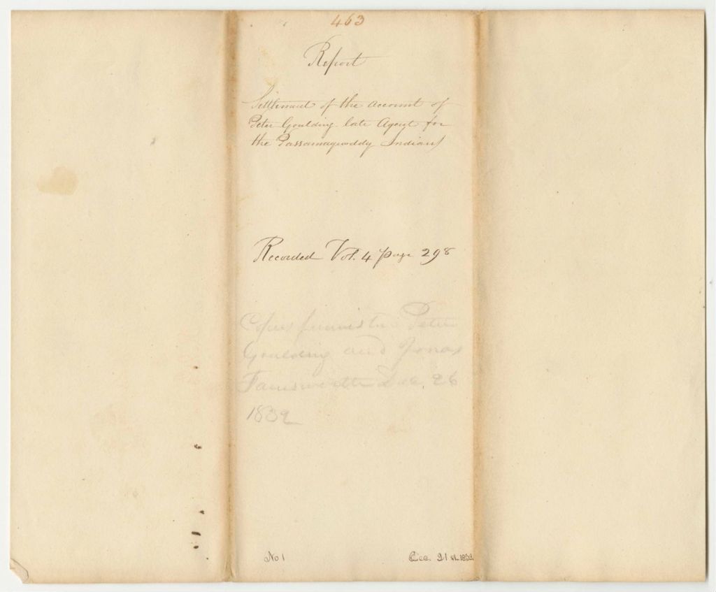 Miniature of Report 463: Report on the Settlement of the Account of Peter Goulding, Late Agent of the Passamaquoddy Indians