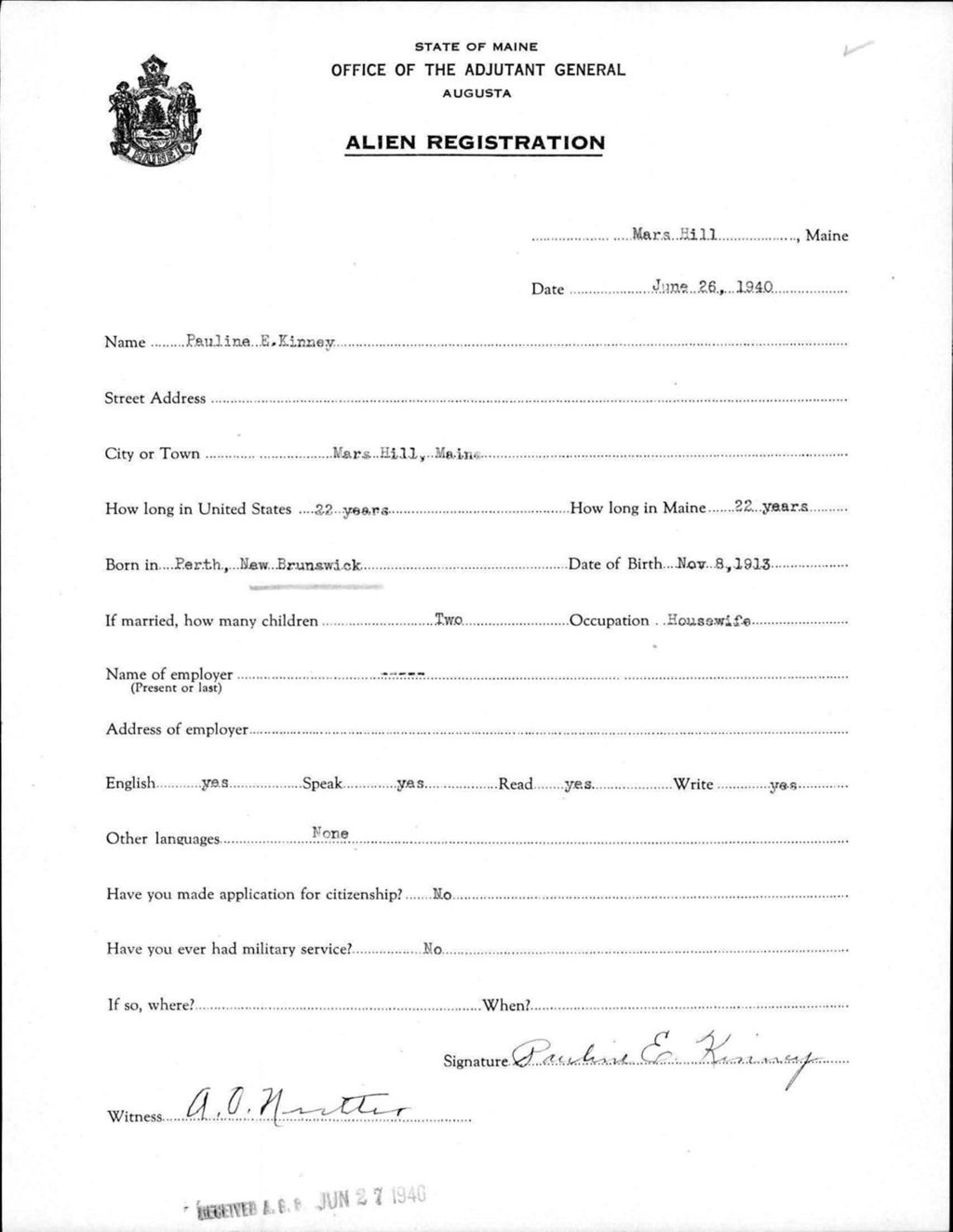 Miniature of Alien Registration- Kinney, Pauline E. (Mars Hill, Aroostook County)