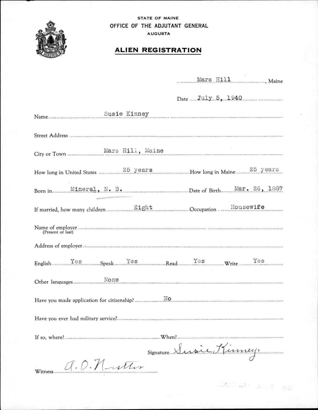 Miniature of Alien Registration- Kinney, Susie (Mars Hill, Aroostook County)