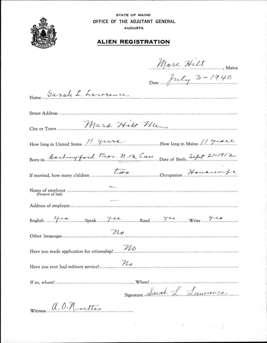 Miniature of Alien Registration- Lawrence, Sarah L. (Mars Hill, Aroostook County)
