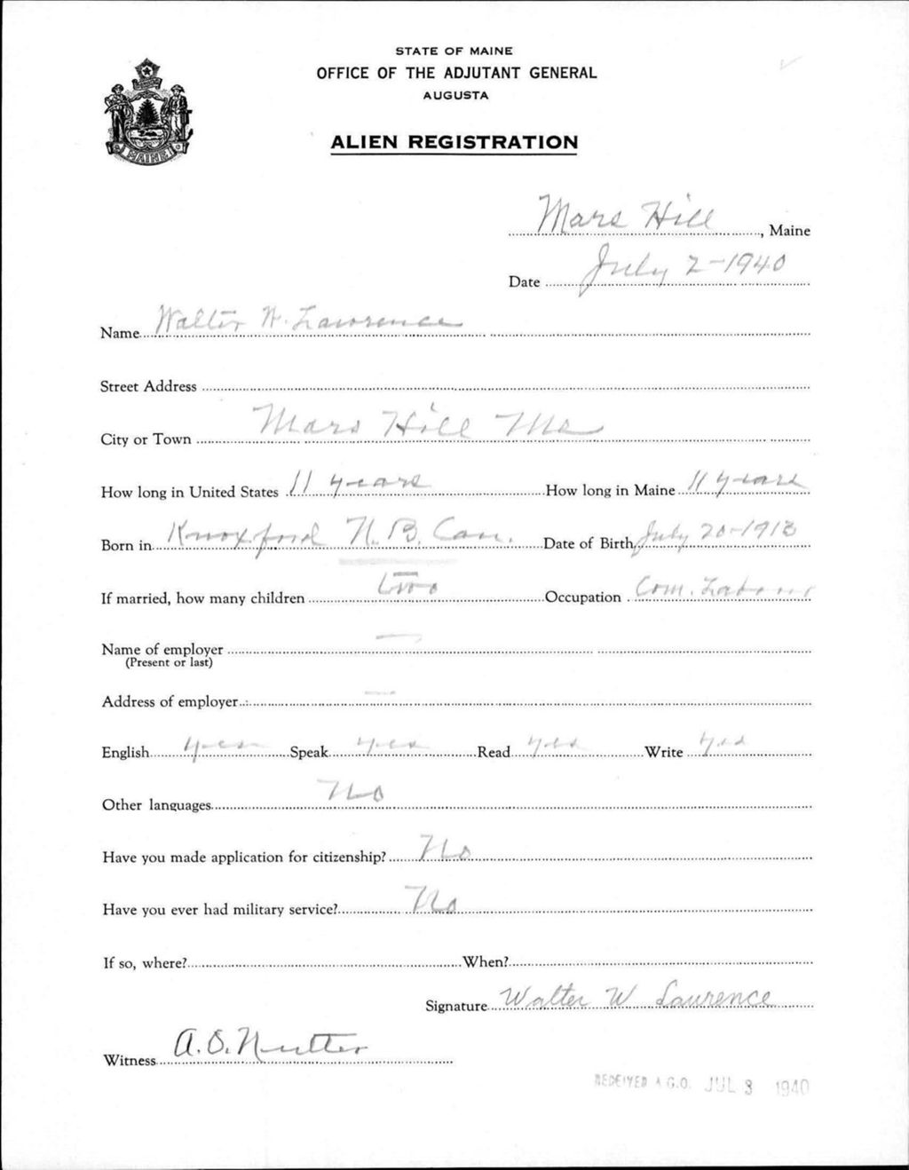 Miniature of Alien Registration- Lawrence, Walter W. (Mars Hill, Aroostook County)