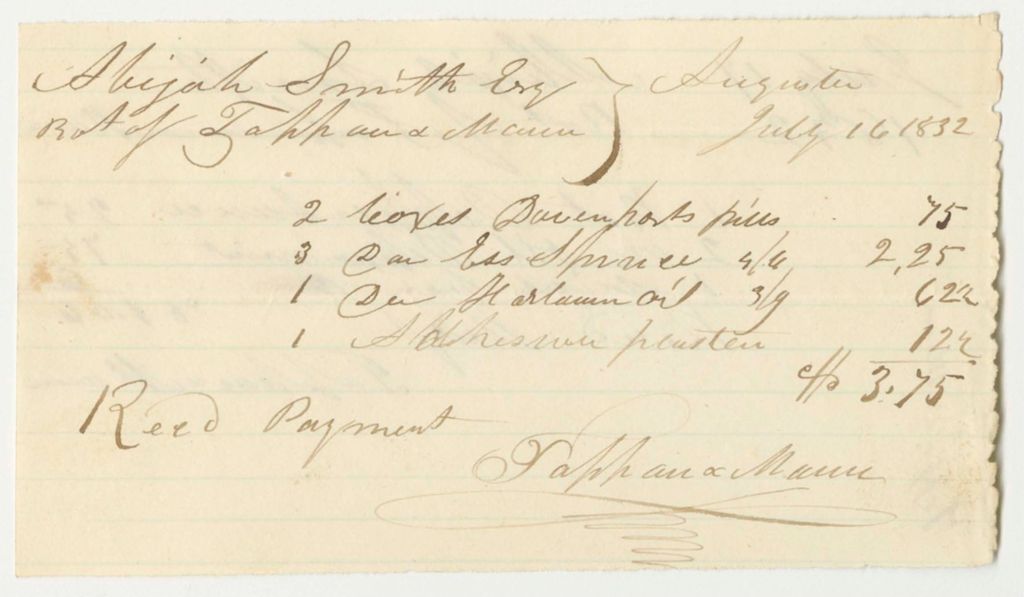 Miniature of Tappen & Mann's Bill for Oils, Paid by Abijah Smith