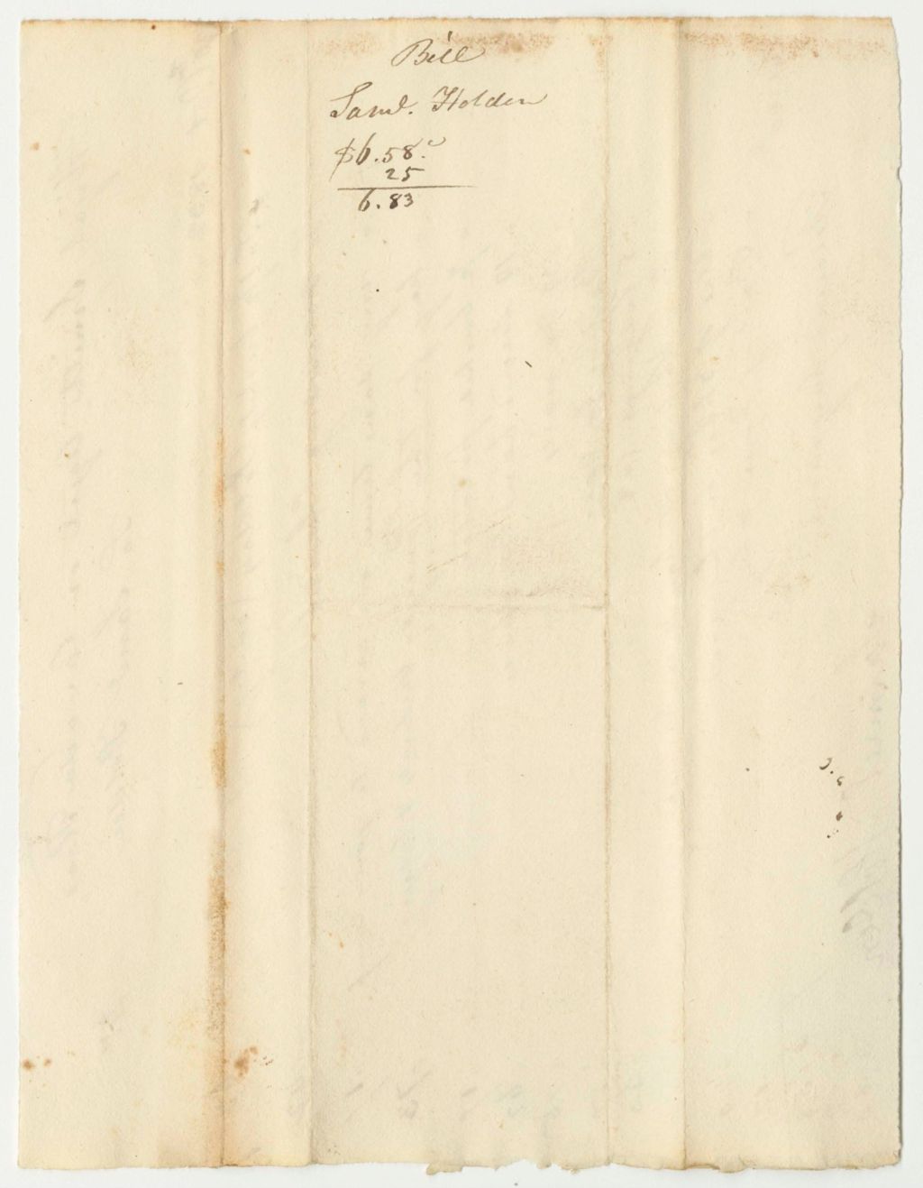 Miniature of Samuel Holden's Bill for Potatoes, Mending Chains, Hay, Oxe Shoes, Paid by Abijah Smith