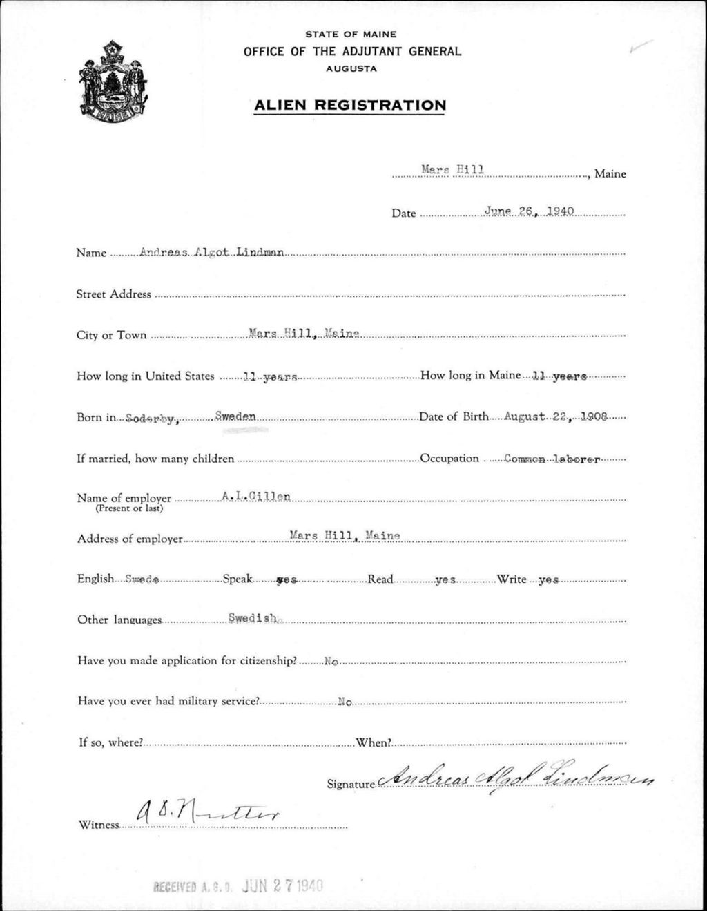 Miniature of Alien Registration- Lindman, Andreas A. (Mars Hill, Aroostook County)