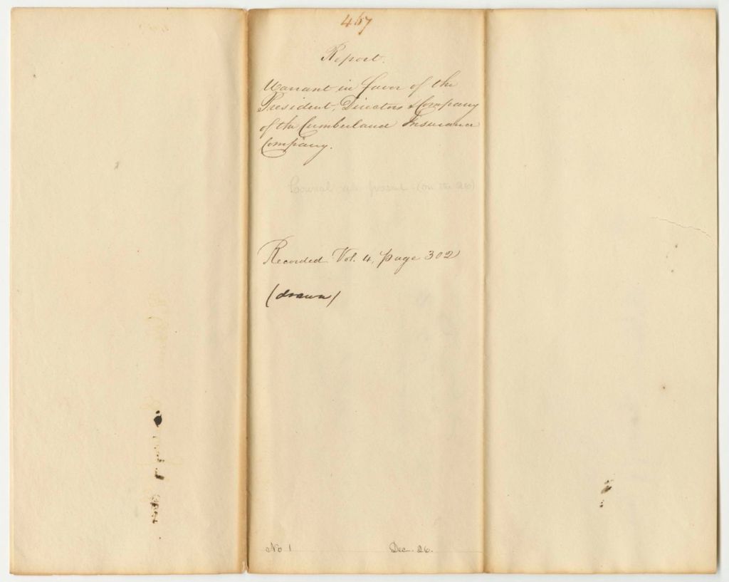 Miniature of Report 467: Warrant in Favor of the President, Directors, and Company of the Cumberland Insurance Company