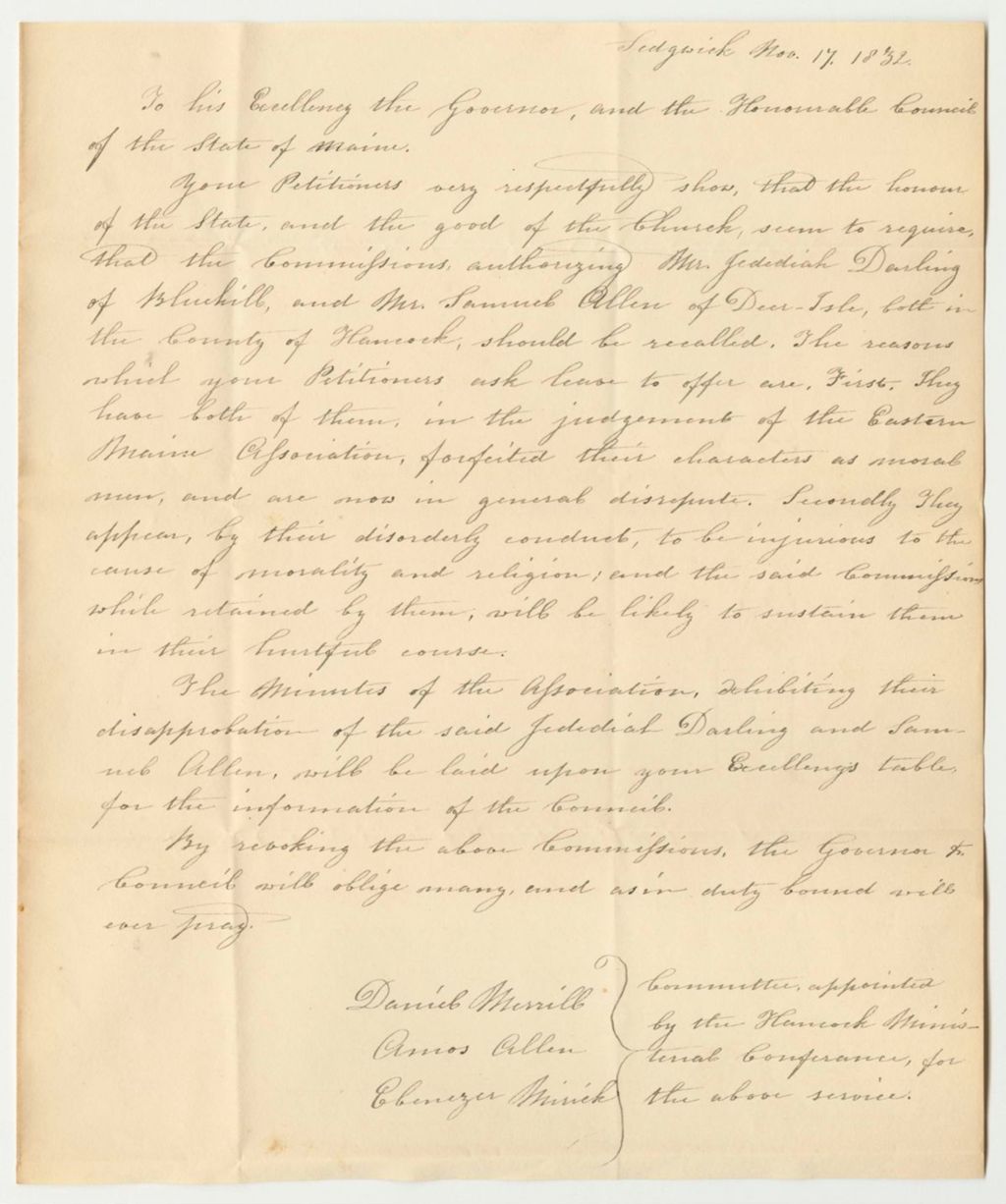 Miniature of Petition of Daniel Merrill, Amos Allen, and Ebenzer Mirick, the Committee of the Ministerial Conference, to Revoke the Commissions of Jedidiah Darling and Samuel Allen to Solomnize Marriages