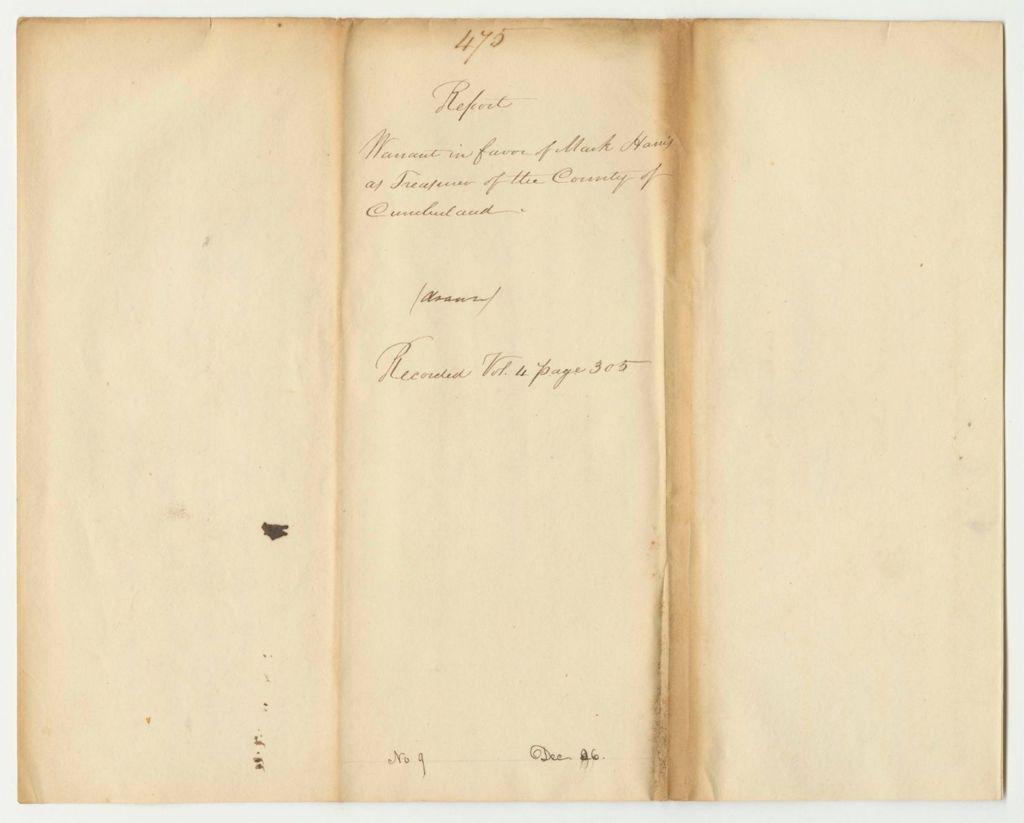 Miniature of Report 475: Warrant in Favor of Mark Harris, Treasurer of the County of Cumberland
