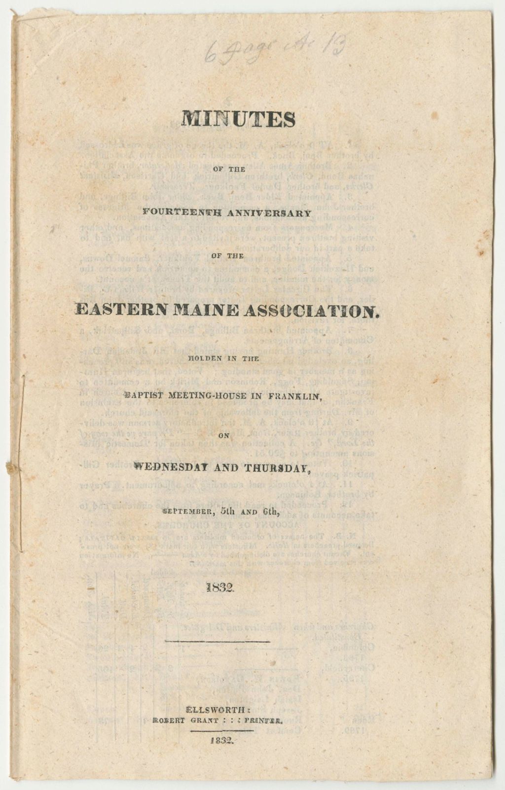 Miniature of Minutes of the Fourteenth Anniversary of the Eastern Maine Association