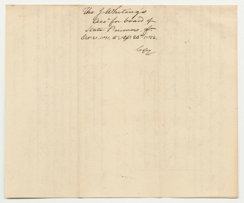 Miniature of Account of Thomas J. Whiting, Under Keeper of the State's Gaol in Castine in the County of Hancock, of Expenses and Charges Incurred for Supporting Prisoners Therein Committed Upon Charge or Conviction of Crimes Against the State from October 21st 1831 to April 26th 1832
