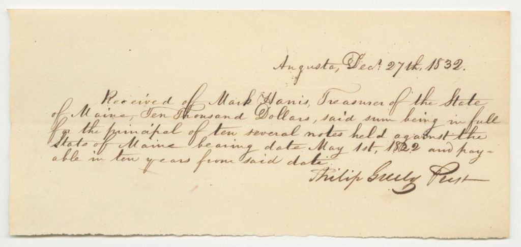 Miniature of Philip Greely Prest's Receipt for the Principal of the Loan Against the State, Paid by Mark Harris, Treasurer of the State