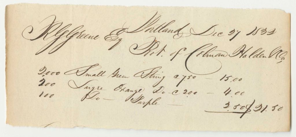 Miniature of Colman Holden & Co.'s Bill for Stationary, Paid by R.G. Greene